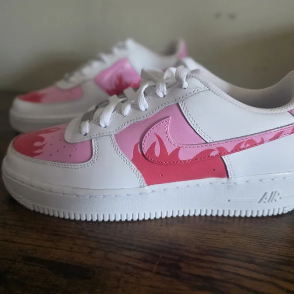 Custom Hand-Painted Nike Air Force 1 | Pink Flames | Size 8 - Picture 2 of 10